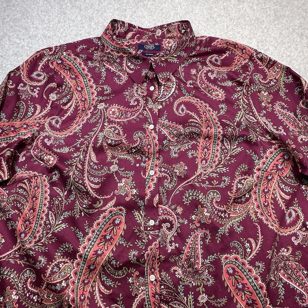 Chaps No Iron Shirt Plus 2X Burgundy Paisley Print Button Down Long Sleeve - Picture 3 of 12